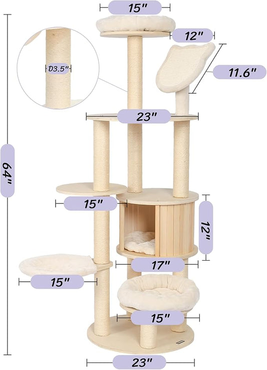 KAMABOKO 64" Tall Cat Tree - Wooden Cat Trees Tower with Cat Condo, Hammock & Top Perch, Modern Tall Cat Tree w/Natural Sisal Posts for Climb Scratch Play Rest
