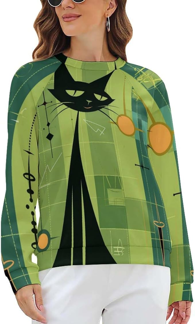 Biacolum Long Sleeve Shirts for Women Mid Century Retro Style Atomic Cat 3D Graphic Sweatshirts Fall Crewneck Pullover Top