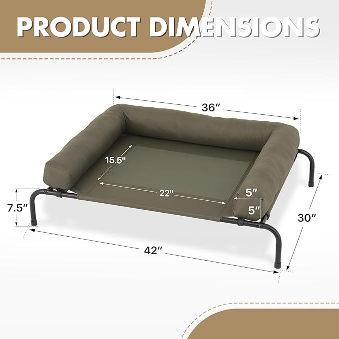 Athena Collection Outdoor Elevated Dog Bed with Removable Bolsters, 42 Inches Raised Dog Cot Washable with Metal Frame Non-Slip Feet for Medium Size Dog, Green