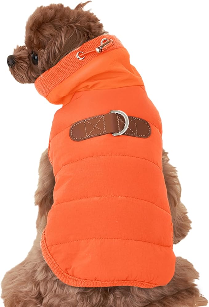 Dog Winter Coat with Neck Guard, Adjustable Neck, Chest Velcro & Detachable Buckle, Warm Polyester Lining, Multi-Way Wear for Small Dogs (Orange, Large)