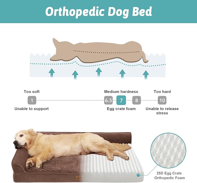 Orthopedic Dog Bed for Extra Large Dog, Giant Pet Sofa, Foam Bolster Couch with Waterproof Lining Cover, Anti-Slip, Washable, L-Shaped, XXL 48x35x8 inch, Brown