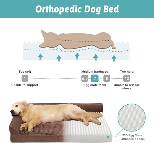 Orthopedic Dog Bed for Extra Large Dog, Giant Pet Sofa, Foam Bolster Couch with Waterproof Lining Cover, Anti-Slip, Washable, L-Shaped, XXL 48x35x8 inch, Brown