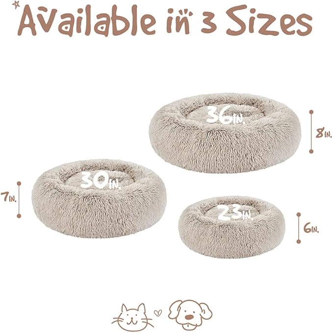 Friends Forever Donut Dog Bed Faux Fur Fluffy Calming Sofa For Medium Dogs, Soft & Plush Anti Anxiety Pet Couch For Dogs, Machine Washable Coco Pet Bed with Non-Slip Bottom, 30"x30"x7" Tan
