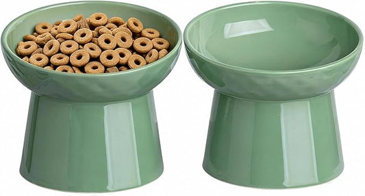 YauYik Raised Cat Bowl, Elevated Cat Food Bowls with Tilted Angle, Stress Free, Anti Vomiting, Ceramic Water Bowl for Cats Small Dogs Feeding Dish, 8 Ounces (Green-2)
