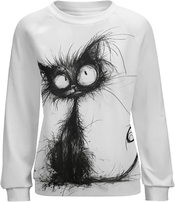 Biacolum Long Sleeve Shirts for Women Mid Century Retro Style Atomic Cat 3D Graphic Sweatshirts Fall Crewneck Pullover Top