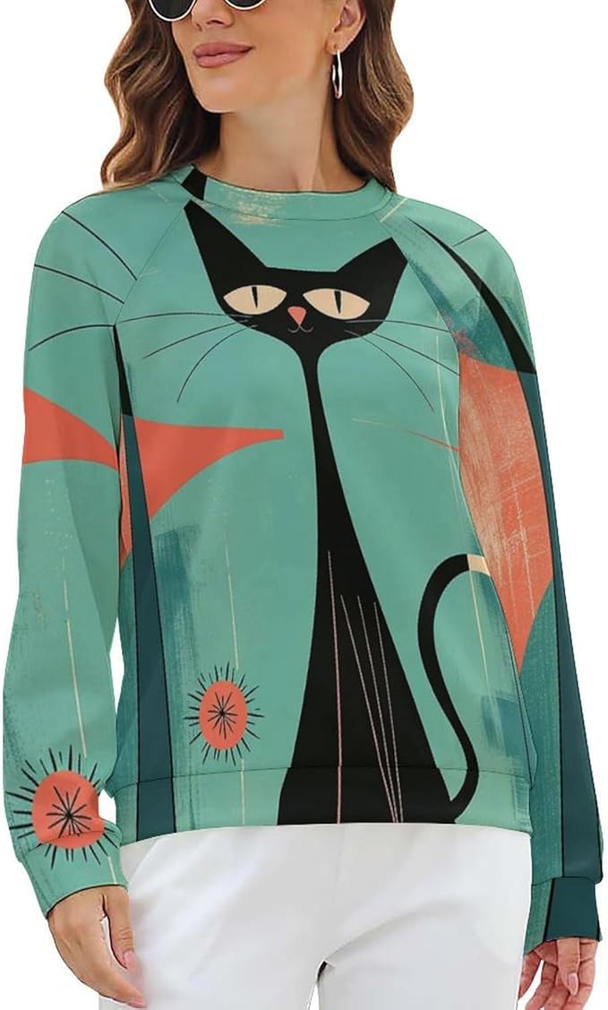 Biacolum Long Sleeve Shirts for Women Mid Century Retro Style Atomic Cat 3D Graphic Sweatshirts Fall Crewneck Pullover Top
