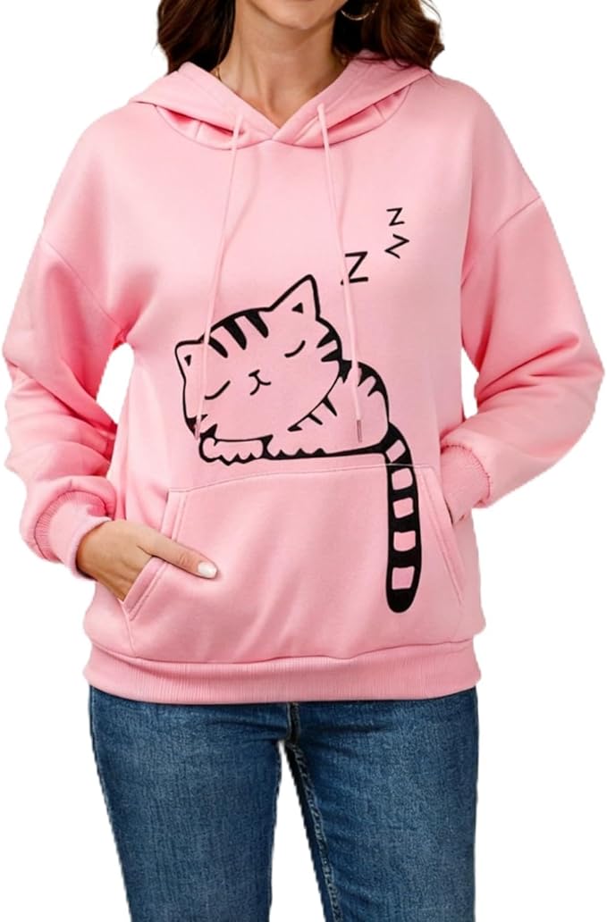 Women Girl Hoodies Cute Cat Ear Novelty Printed Pullover Sweatshirt