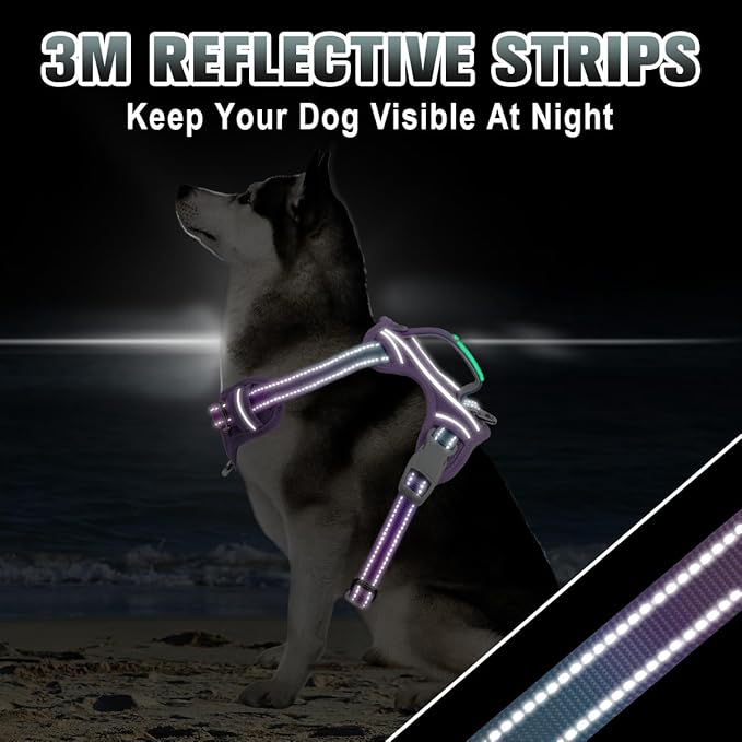 BARKBAY No Pull Dog Harness Large Reflective Dog Harness with Front Clip and Easy Control Handle for Walking Training Running with ID tag Pocket(Lavender Sky,M)
