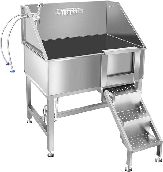 38" Dog Washing Station, Professional Stainless Steel Dog Bathing Station, Equipped with Anti-Slip Ramp, Removable Door, Upgraded Spray Nozzle&Hose - Ideal for Home, Pet Grooming Salon,R-RAMP