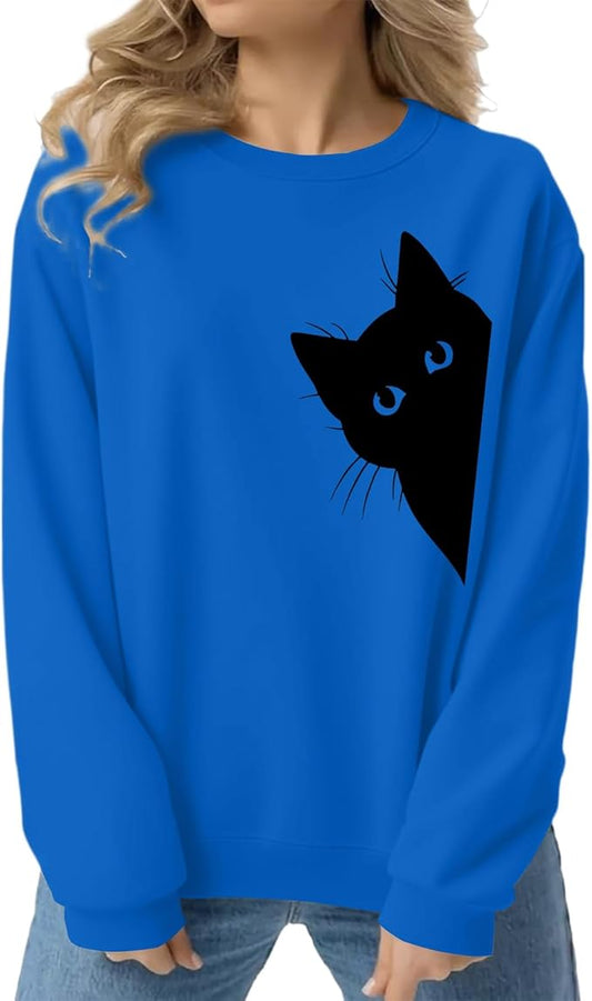Cat Sweatshirts for Women Graphic Print Sweatshirt Funny Long Sleeve Shirt Cute Pullover Lightweight Hoodie Tops