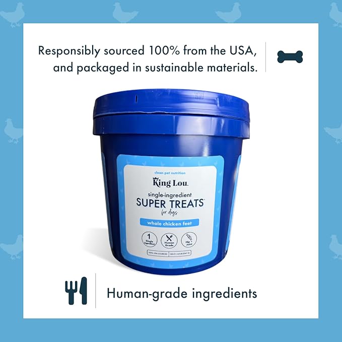 King Lou Chicken Treats – Whole Dehydrated Chicken Feet Chews – Protein-Rich Collagen Chews for Dogs – Single Ingredient Crunchy Treats – 120 Count