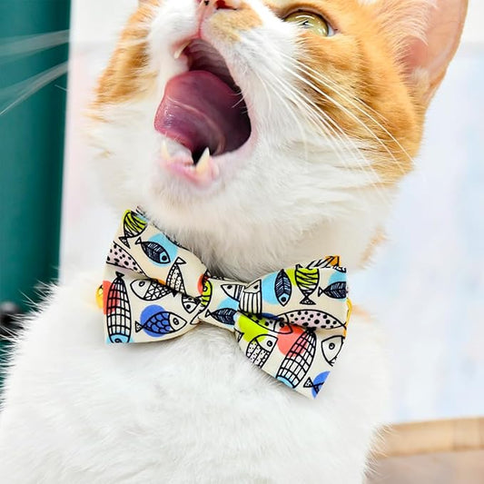 Breakaway Cat Collar Bowtie Bell, Line Fish, Wedding/Birthday Gift for Kitten