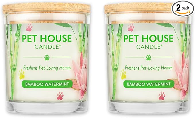 One Fur All Pet House Candle 2 Pack - Plant-Based/Soy - Clean Burning Scented, Long Lasting Pet Odor Candle for Home - Bamboo Watermint