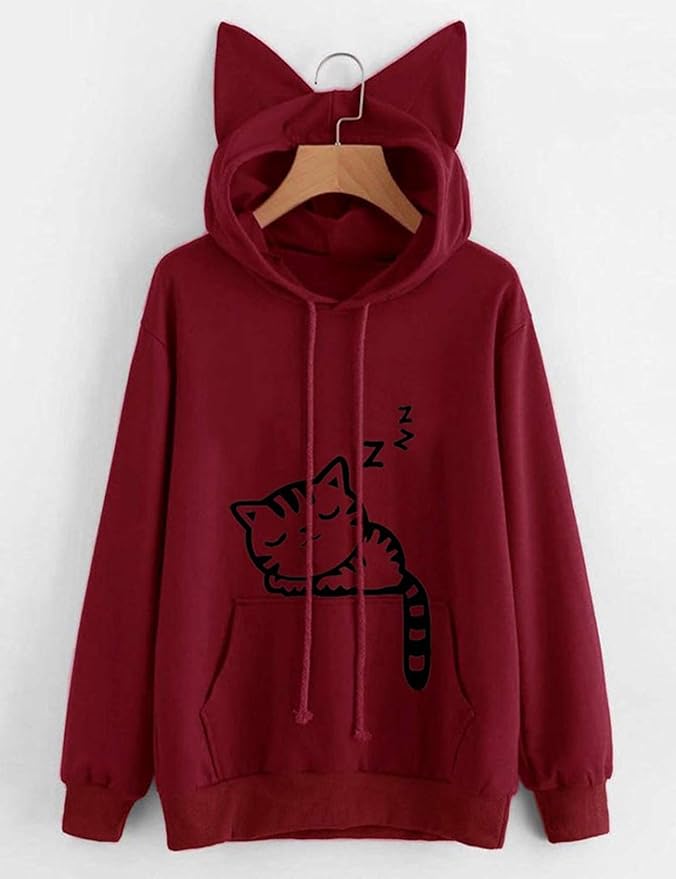 Women Girl Hoodies Cute Cat Ear Novelty Printed Pullover Sweatshirt