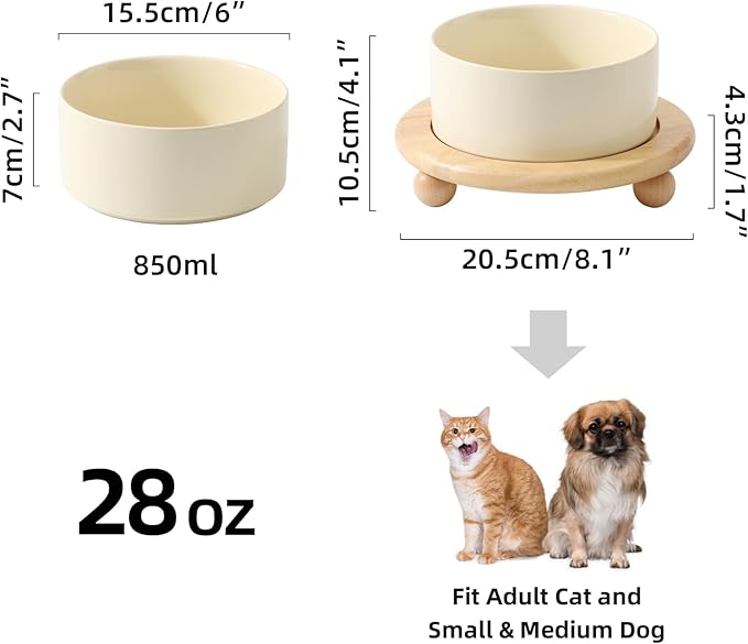 Havniva Ceramic Elevated Dog Food and Water Bowl, Kitty Bowl, Raised Dog Dish, Pet Feeder (6inch, 1 x Beige + Stand)