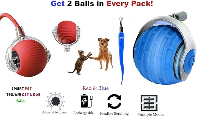 KBLZONE Interactive Cat Ball Toy – Smart Rolling Pet Ball with Obstacle Avoidance, USB Rechargeable, Cord Tail Design – Fun Enrichment Toy for Indoor Cats & Small Dogs (Blue + Red)