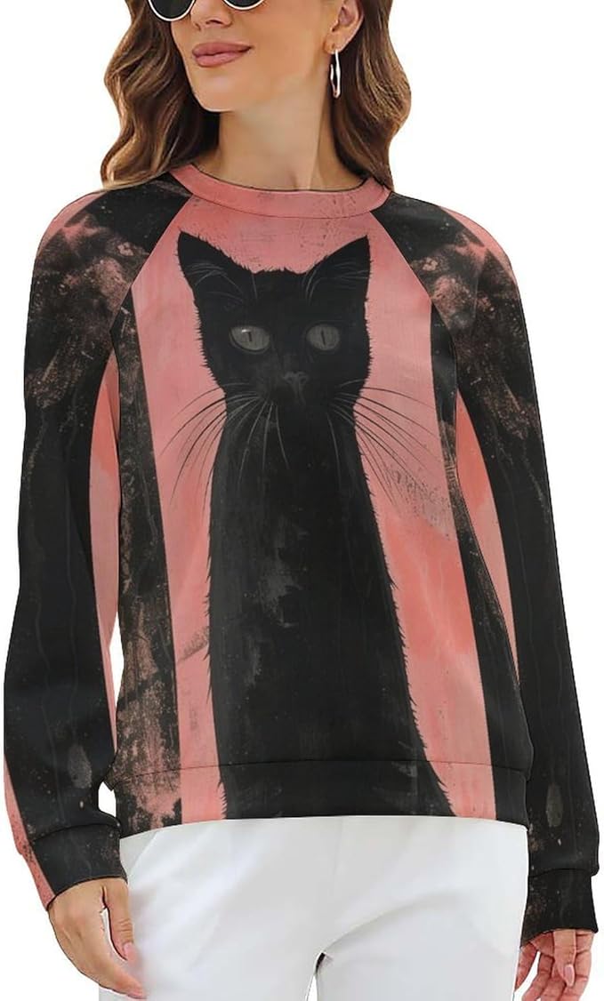 Biacolum Long Sleeve Shirts for Women Mid Century Retro Style Atomic Cat 3D Graphic Sweatshirts Fall Crewneck Pullover Top