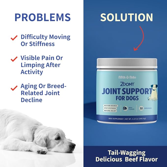 Fifth & Fido Joint Supplement for Dogs - Glucosamine for Dogs - Pet Vitamins and Supplements Powder with Chondroitin & MSM - Hip & Joint Support for Mobility, Stiffness & Flexibility - Mushroom Blend