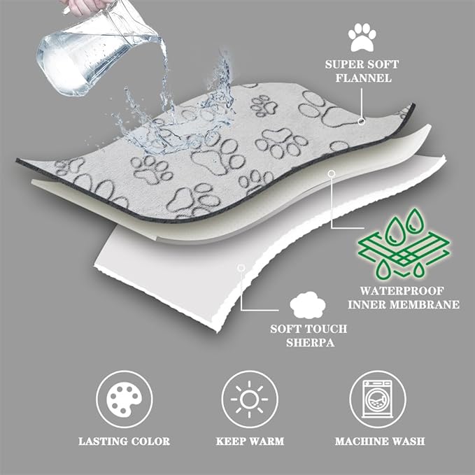 Qeils Dog & Cat Blankets - Waterproof Washable - Sherpa, Plus Plush Reversible, 25"X30", Grey Paw Print