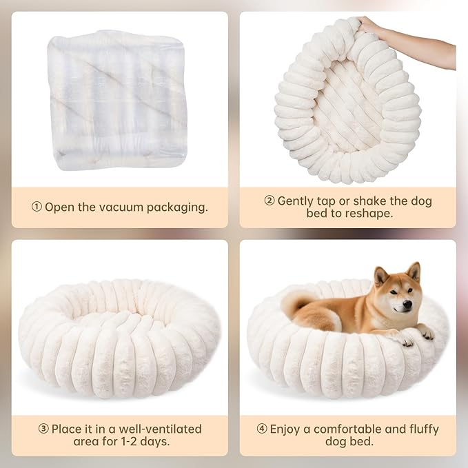Warming Faux Rabbit Fur Pet Beds – Luxurious Donut Dog & Cat Bed, Anti-Anxiety Calming Cuddler Bed for Small Medim Dogs, Washable Round Puppy Kitten Beds, Non-Slip Bottom(36x36x10, White)