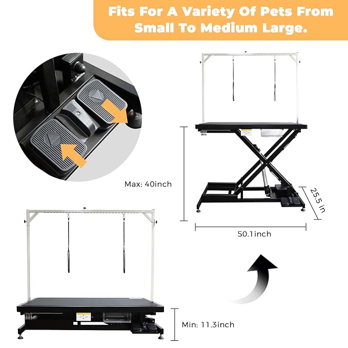 Electric Pet Dog Grooming Table, 50" Heavy Duty Grooming Table Professional X-Lift for Large Dogs Adjustable Height: 11.3"-40" Non-slip, AC Outlets, Storage Tray, 2 Nooses, Black