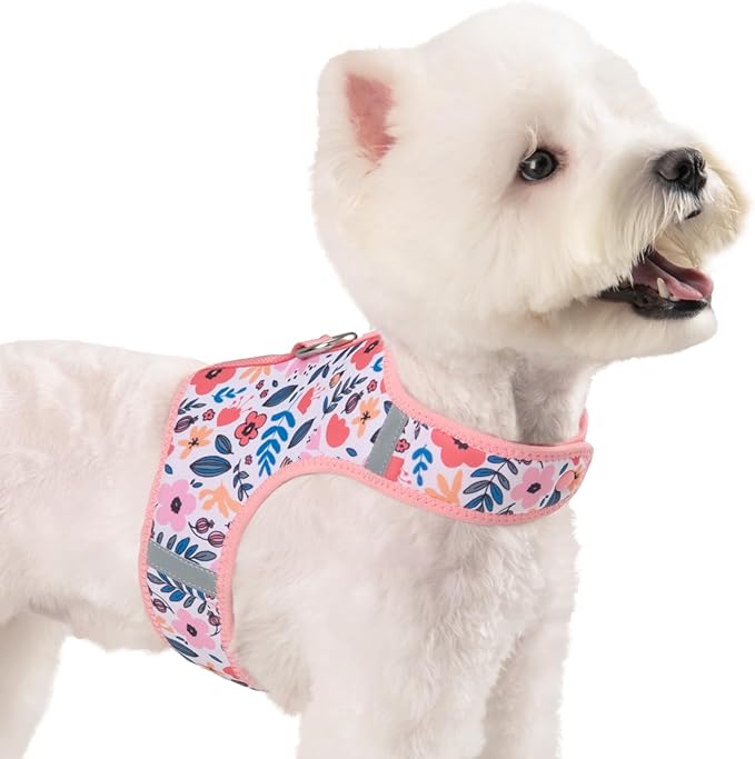 Dog Harness for Small Sized Dog,Hook-and-Loop Easy On/Off, Reflective Adjustable Soft Mesh Vest for Puppy (Pink Floral Print,L)