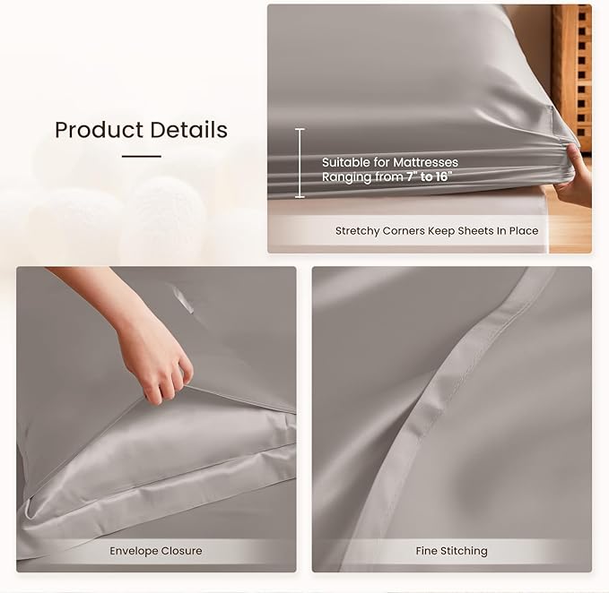 THXSILK Silk Sheet Set 4Pcs, 6A+ Top Grade 100% Natural Mulberry Silk Bed Sheets, Luxury Bedding Sets Ultra Soft Durable, 1 Fitted Sheet, 1 Flat Sheet and 2 Pillow Shams (Cal. King, Grey)