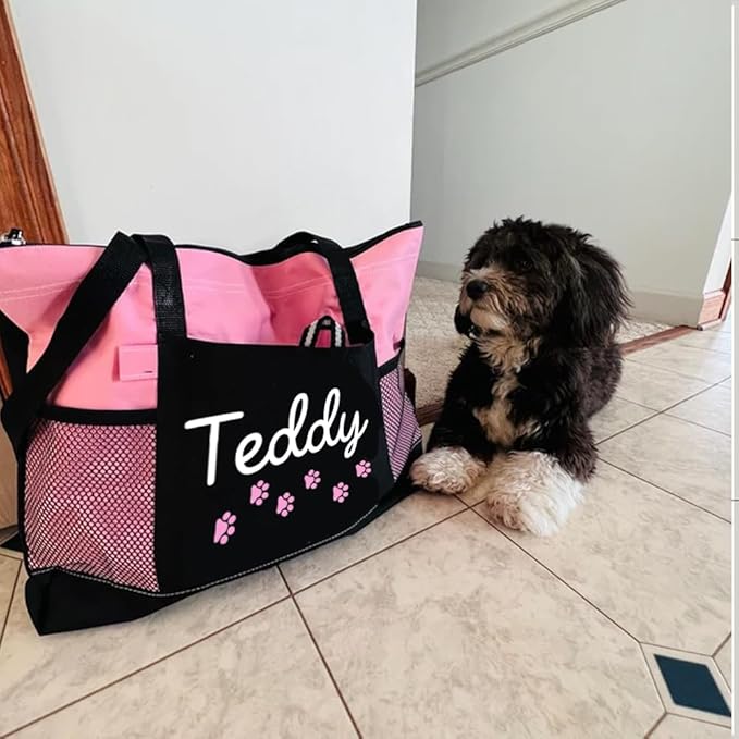 Custom Dog Tote Bag Canvas Mesh Personalized Name Dog Paw Print Tote Bag Doggie Things Pet Birthday Gifts For Women Mom