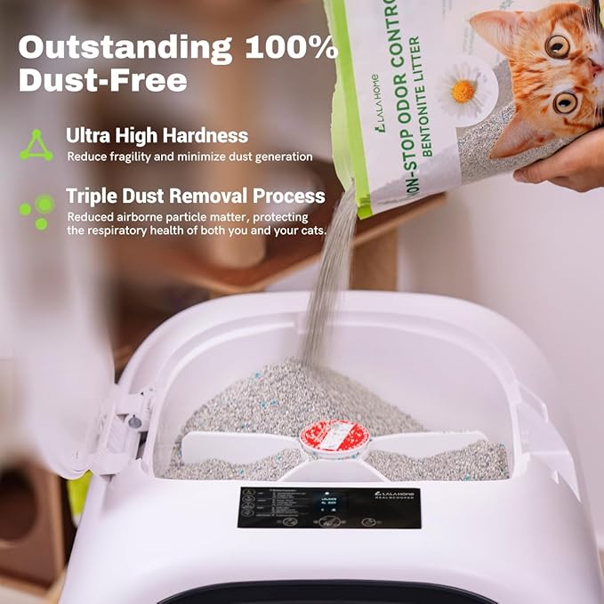 LALAHOME Bentonite Litter Sodium Mineral Cat Litter Clumping, Odor Control Kitty Litter for Self Cleaning Box & Automatic Litter Box, Dust Free, Strong Durability, 10 lb