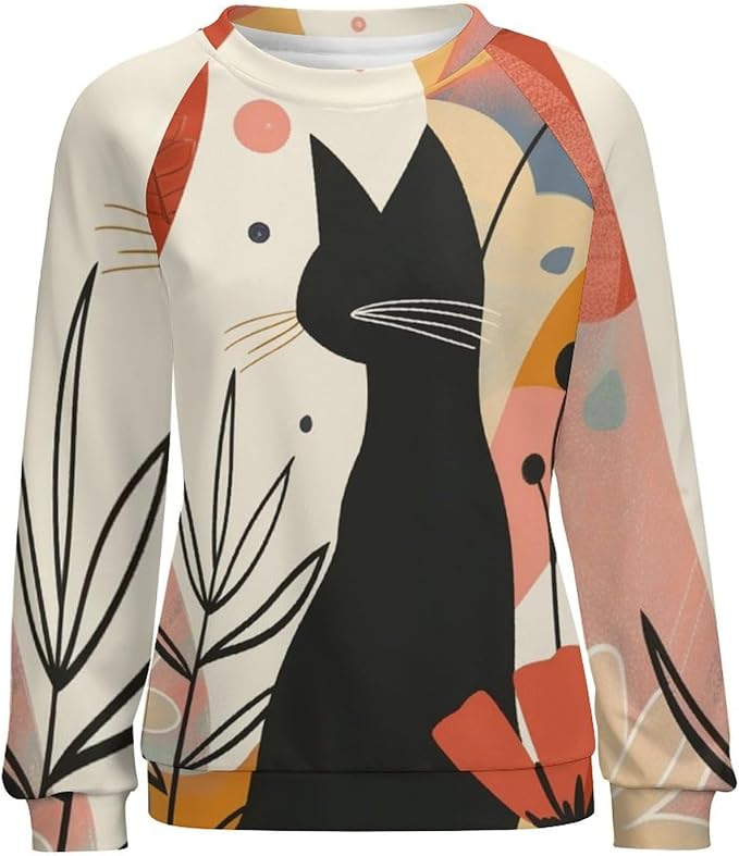 Biacolum Long Sleeve Shirts for Women Mid Century Retro Style Atomic Cat 3D Graphic Sweatshirts Fall Crewneck Pullover Top