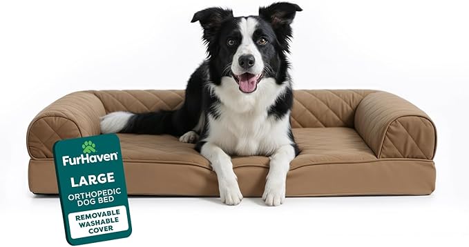 FurHaven Classic Sofa Orthopedic Dog Bed for Large Dogs with Orthopedic Egg Crate Memory Foam for Joint Support, Removable Washable Cover, Large, Quilted Sofa, Toasted Brown