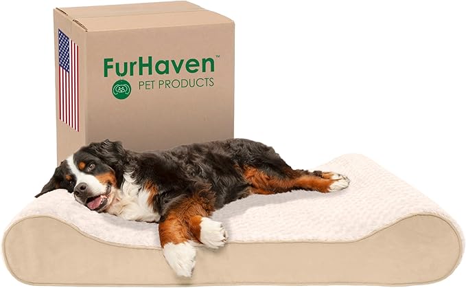 Furhaven Cooling Gel Dog Bed for Extra Large Dogs w/ Removable Washable Cover, For Dogs Up to 180 lbs - Ultra Plush Faux Fur & Suede Luxe Lounger Contour Mattress - Cream, Giant/XXXL