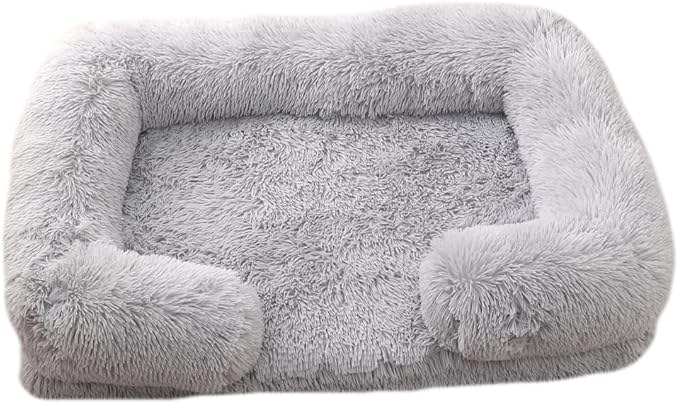 Orthopedic Dog Bed for Medium Dogs - Washable Memory Foam Pet Sofa, Fluffy Plush Rectangular Bed, Waterproof Anti-Anxiety Couch, Light Gray, M