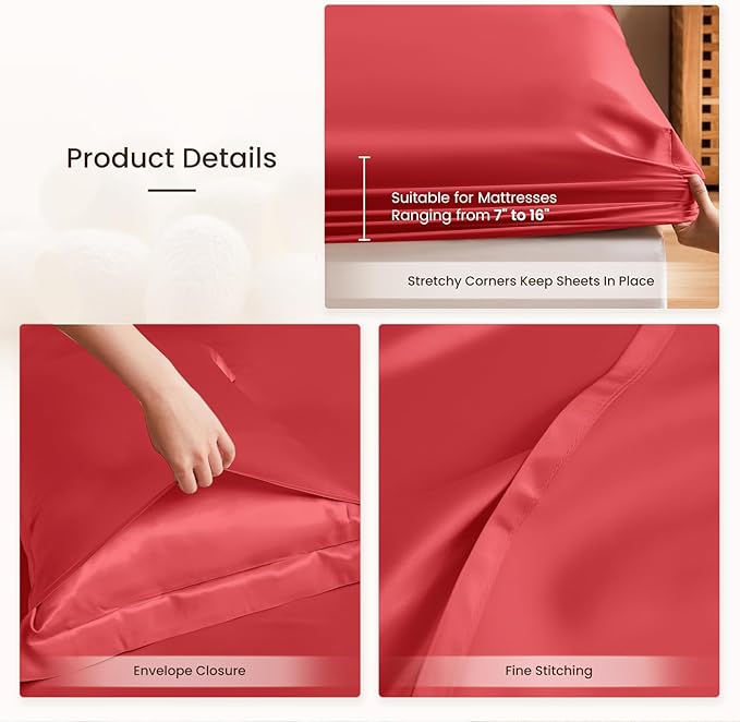 THXSILK Silk Sheet Set 4Pcs, 6A+ Top Grade 100% Natural Mulberry Silk Bed Sheets, Luxury Bedding Sets Ultra Soft Durable Safe Material, 1 Fitted Sheet, 1 Flat Sheet and 2 Pillow Shams (King, Red)