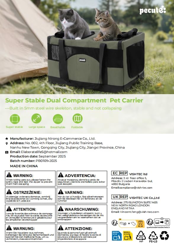 Pecute Cat Carrier for 2 Cats,Collapsible Soft Cat Carrier for Small to Medium Cat,can Hold 20lbs+ for Two Kitty Puppy,Stable and Secure Framework Design,Extra Large Dog Carrier for Travel,Gray
