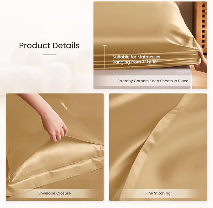 THXSILK Silk Sheet Set 4Pcs, 6A+ Top Grade 100% Natural Mulberry Silk Bed Sheets, Luxury Bedding Sets Ultra Soft Durable, 1 Fitted Sheet, 1 Flat Sheet and 2 Pillow Shams (Full, Metallic Gold)