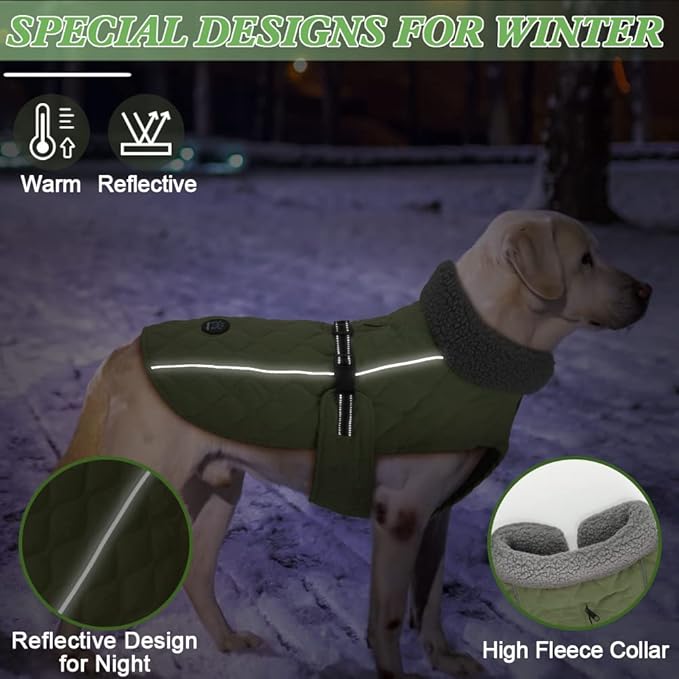 Dog Winter Coats, Fleece Lining Winter Coats for Dogs, Adjustable Windproof Dog Cold Weather Coat, Quick Release Buckle Puppy Jacket for Small Medium Large Dogs, Green S
