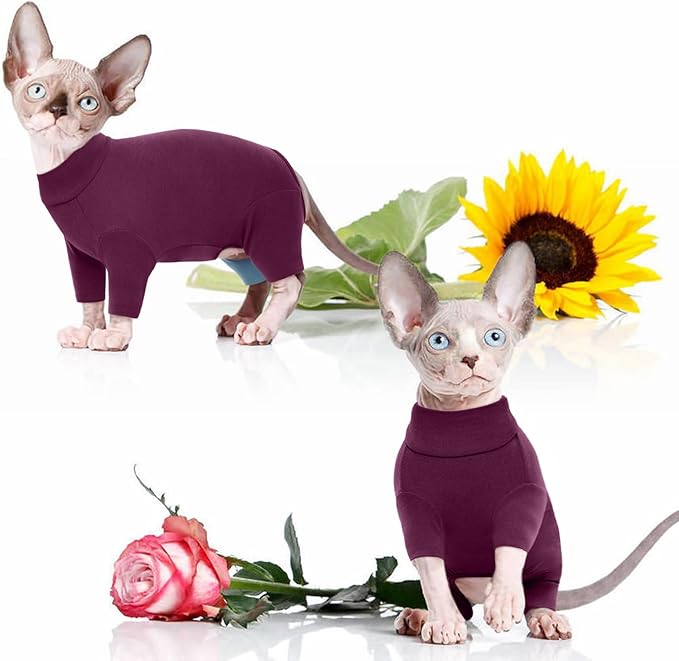 ROZKITCH Hairless Cat Clothes, Breathable Soft Jumpers for Sphynx Cats Only, Coat with Four Legs, Warm Sweater T-Shirt Pajamas Jumpsuit Vest Cornish Rex, Devon Rex, Peterbald Purple L