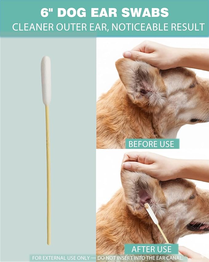 Dog Ear Swabs, 200 Count – 6 Inch Long Bamboo Cotton Swabs with Large Lint Free Absorbent Tips for Pet Ear Cleaning & Wax Removal, Pairs Well with Ear Cleaning Solutions, Clear Storage Box