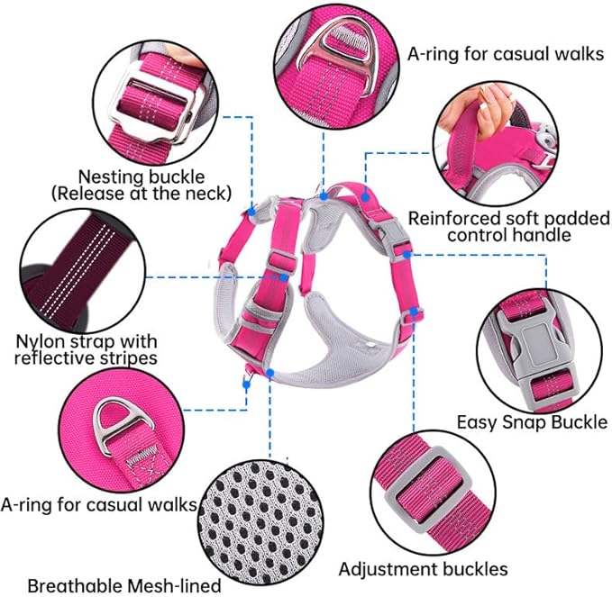 Adjustable Dog Harness - No Pull, Reflective, Soft Padded for Small, Medium, Large Dogs - Includes Leash Pink M
