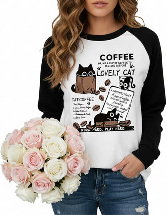 IVERIRMIN Women's 3D Cute Cat Print Sweatshirt Casual Long Sleeve Crewneck Cute Cat Pullover Loose Fit Shirts