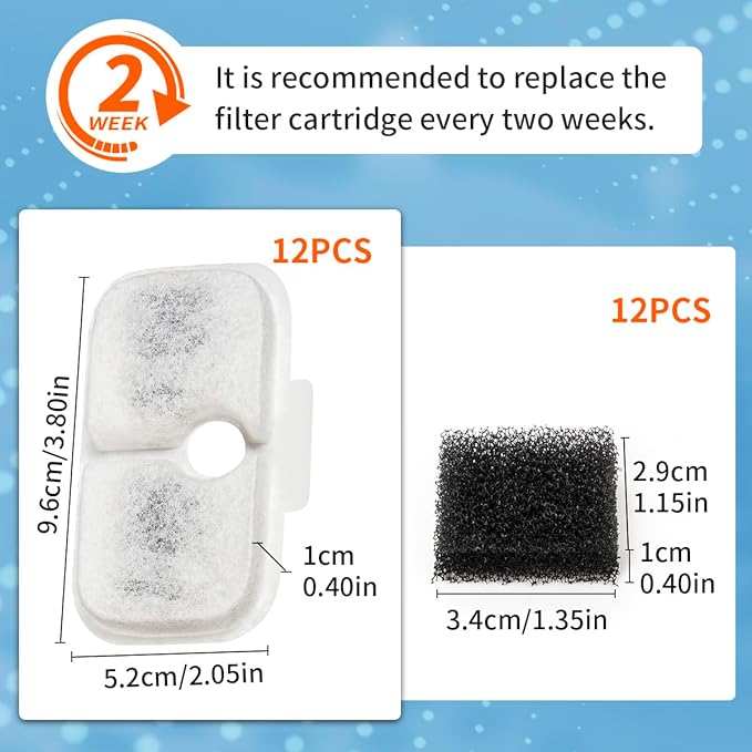 WuYan 12 Packs Replacement Filters for Dockstream Cat Water Fountain PLWF005,PLWF115,PLWF105,12 pcs Pet Water Fountain Filters with 12 pcs Pre-Filter Sponges
