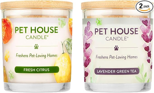 One Fur All Pet House Candle 2 Pack - Plant-Based/Soy - Clean Burning Scented, Long Lasting Pet Odor Candle for Home - Fresh Citrus, Lavender Green Tea