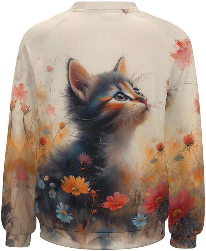 Womens novelty funny cat printed crewneck sweatshirt casual loose long sleeve graphic pullover sweatshirts tops
