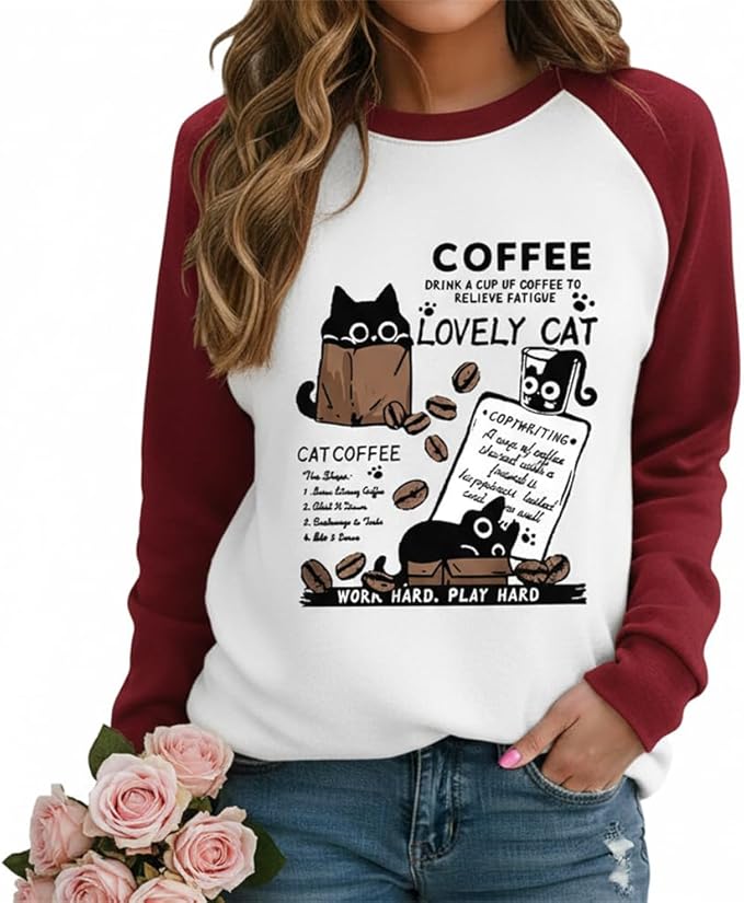 IVERIRMIN Women's 3D Cute Cat Print Sweatshirt Casual Long Sleeve Crewneck Cute Cat Pullover Loose Fit Shirts