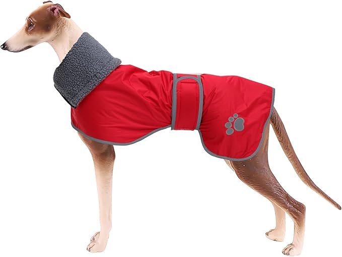 Geyecete Dog Winter Coat Greyhound Raincoat Fabric with Lamb Velvet Inside Outdoor Dog Apparel with Adjustable Bands for Medium, Large Dog-Red-M