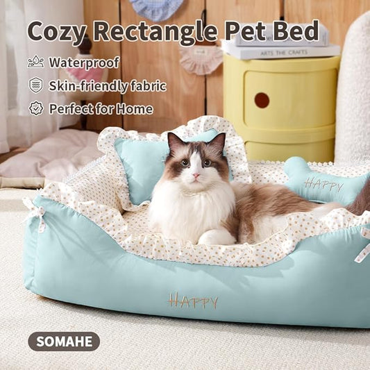 Cat Bed Rectangle Pet Bed Gift for Puppy and Kitten Machine Washable Calming Fluffy Pet Couch Sofa for Indoor Outdoor Portable Soft Cat Beds with Non-Slip Bottom 24×18×9inch Green
