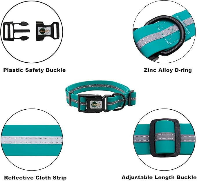NIMBLE Dog Collar Waterproof Pet Collars Anti-Odor Durable Adjustable PVC & Polyester Soft with Reflective Cloth Stripe Basic Dog Collars S/M/L Sizes (Medium (11.81”-18.5”inches), Emerald Green)