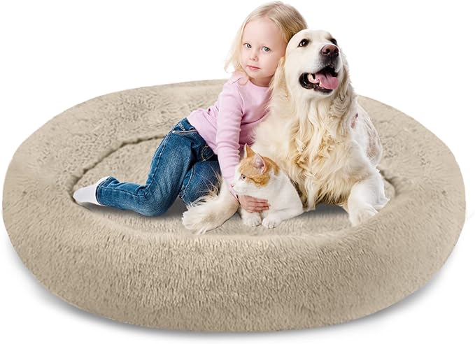 SAVFOX Plush Calming Dog Beds, Donut Dog Bed for Small Dogs, Medium, Large, X-Large & XX-Large, Comfy Cuddler Dog Bed and Cat Bed in Faux Fur, Washable Dog Bed, Multiple Sizes S-XXL