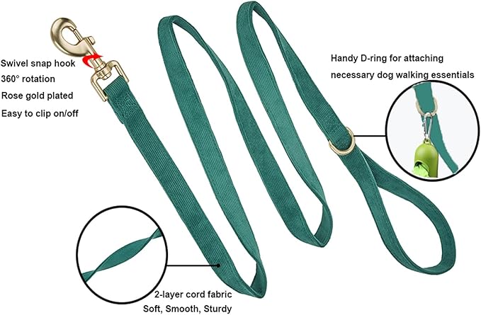 Soft Corduroy Dog Collar and Leash Set Adjustable Durable Dog Collars with Metal Buckle and Lead for Large Dogs,Dark Green